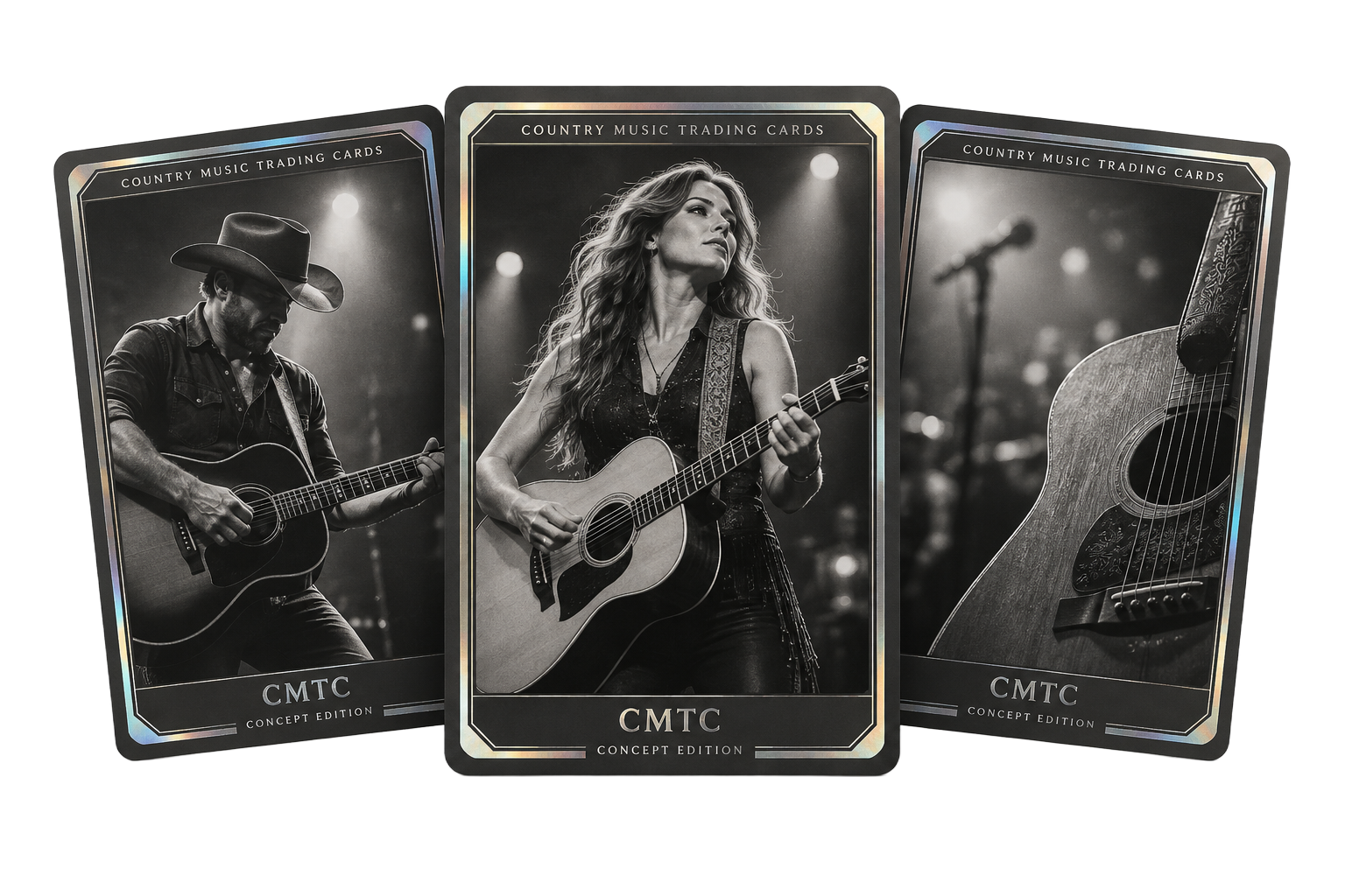 Three CMTC concept trading cards with country music concert photography and metallic borders